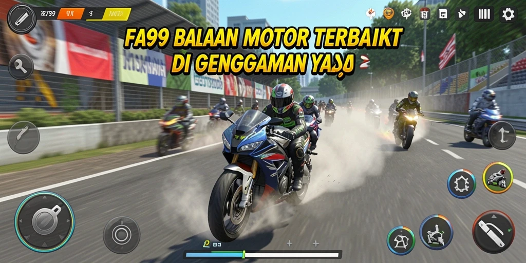 Screenshot gameplay FA99 menampilkan balapan motor yang mendebarkan.