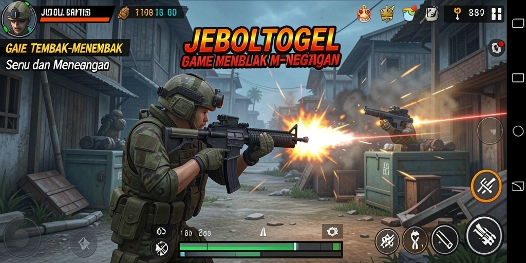 Screenshot utama JEBOLTOGEL menampilkan aksi tembak-menembak yang mendebarkan.