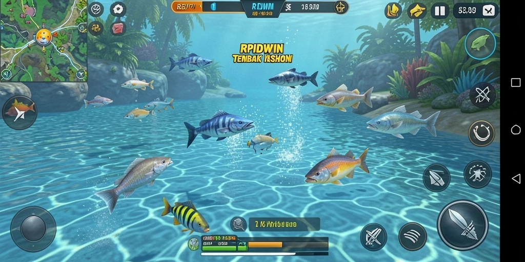 Screenshot gameplay RPIDWIN menampilkan aksi seru menembak ikan.